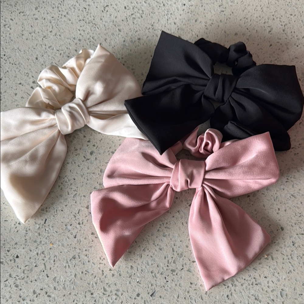Elegant Bow Hair Scrunchies Set - Black, Pink, and Cream